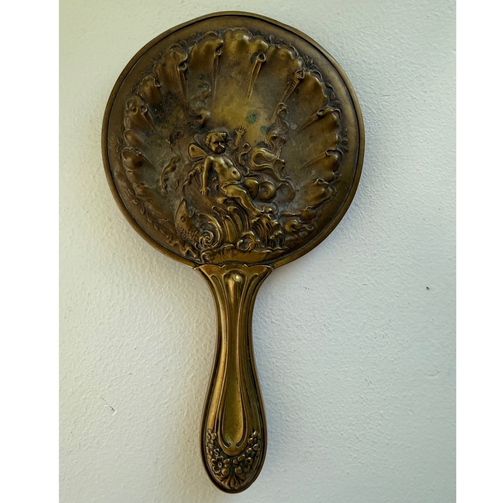 Antique Art Nouveau Brass Hand Mirror 9" Cherub Putti Sea Fish Dated Patent 1903